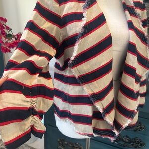 INC Linen Waterfall Open Short Blazer Sz Lg New w/Tag Navy/Red/Cream Stripe